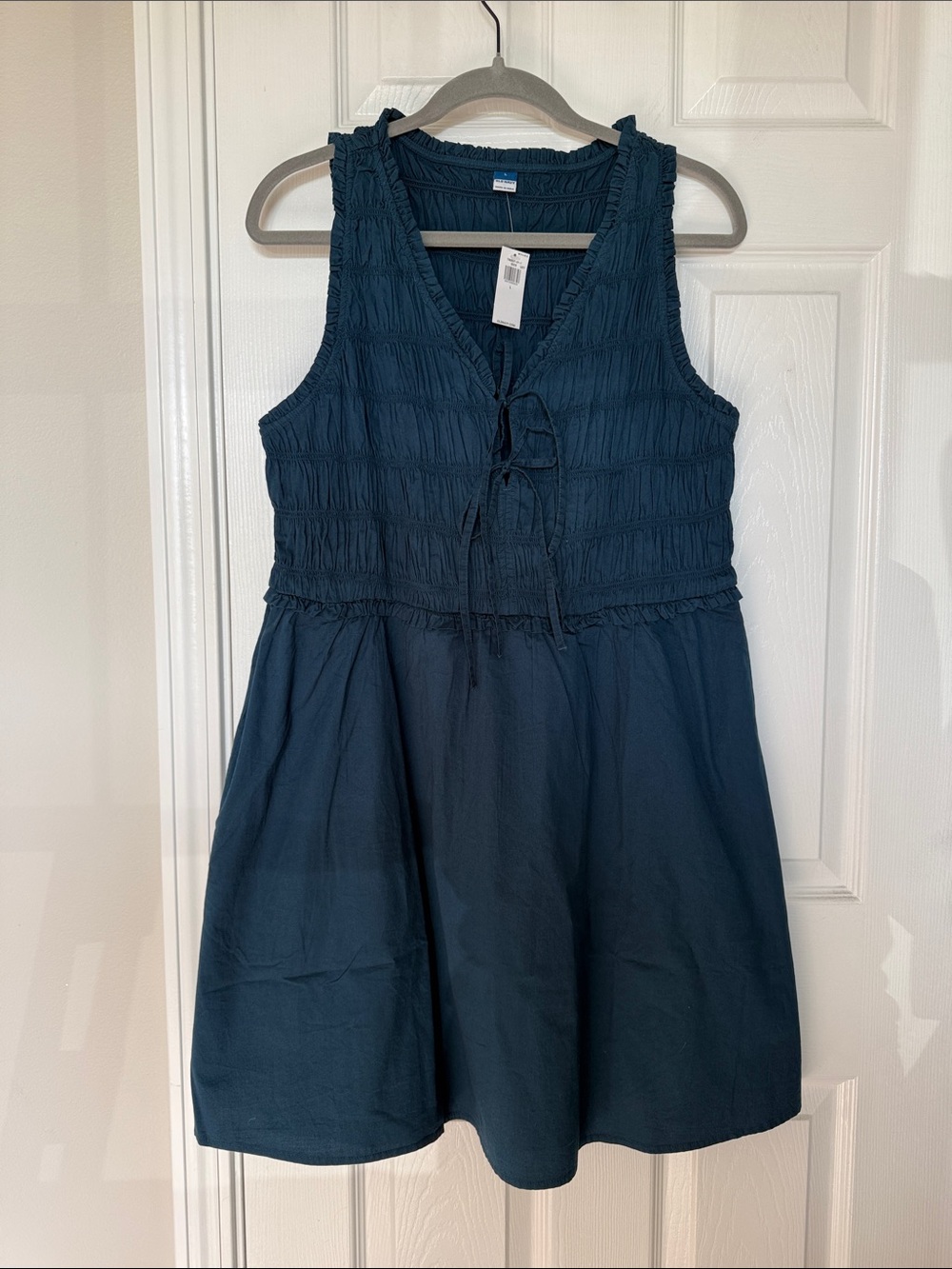 Women’s Old Navy Smocked top Sundress NWT Sz L Dk Teal Pockets Tie Front
